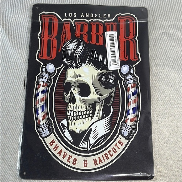 Vintage Vibe Los Angeles Barber Shaves & Haircuts Tin Metal Sign Skull Red Black - Picture 6 of 6